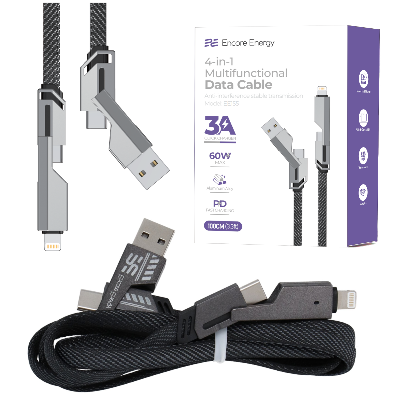 Czarny pleciony kabel danych ze złączami USB-A, USB-C i Lightning.