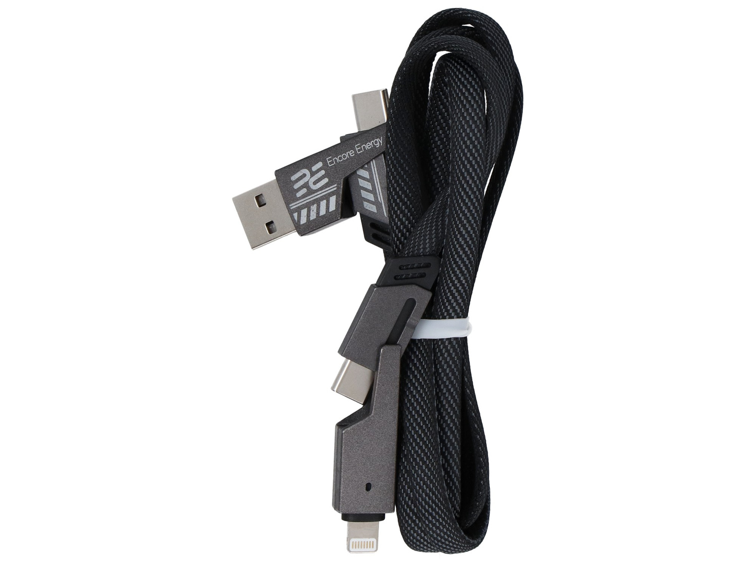 Czarny kabel do ładowania wielofunkcyjny ze złączami USB-A, USB-C i Lightning, zwinięty.