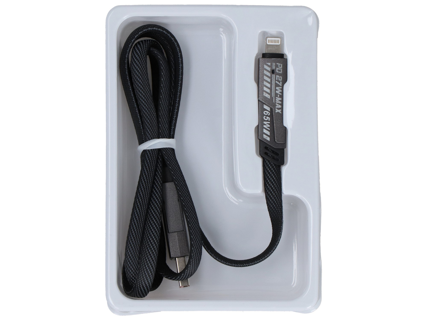 Czarny pleciony kabel USB-C do Lightning z oznaczeniami 27W-MAX PD i 65W.