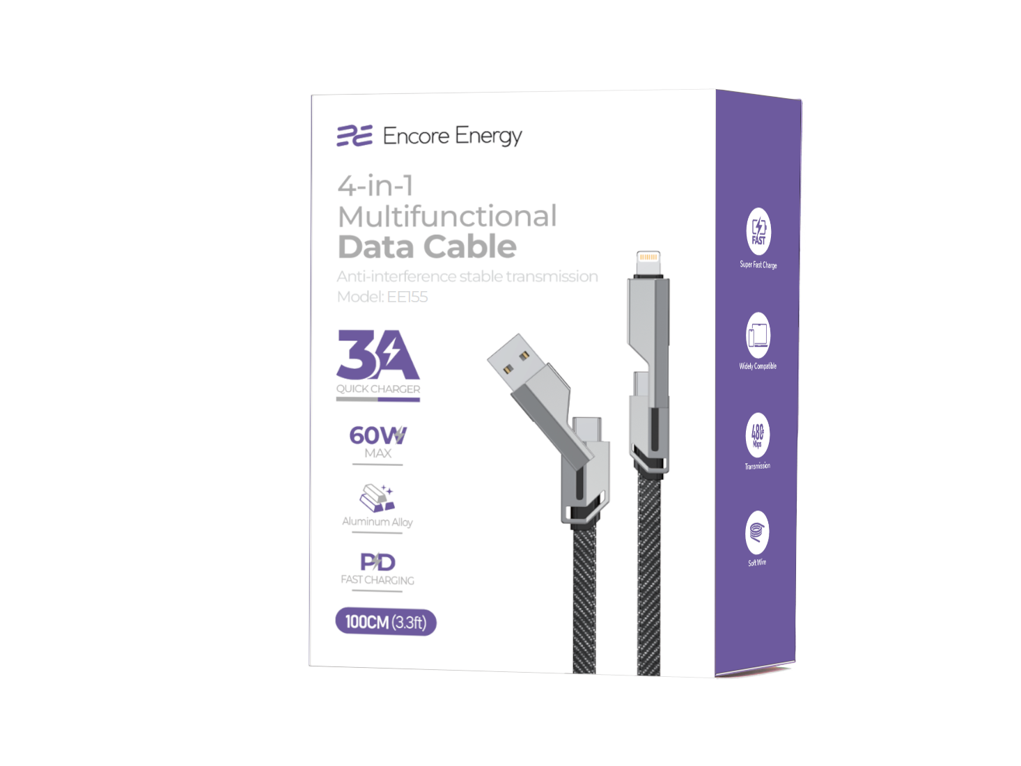 Opakowanie wielofunkcyjnego kabla danych 4 w 1 Encore Energy, szaro-fioletowe.