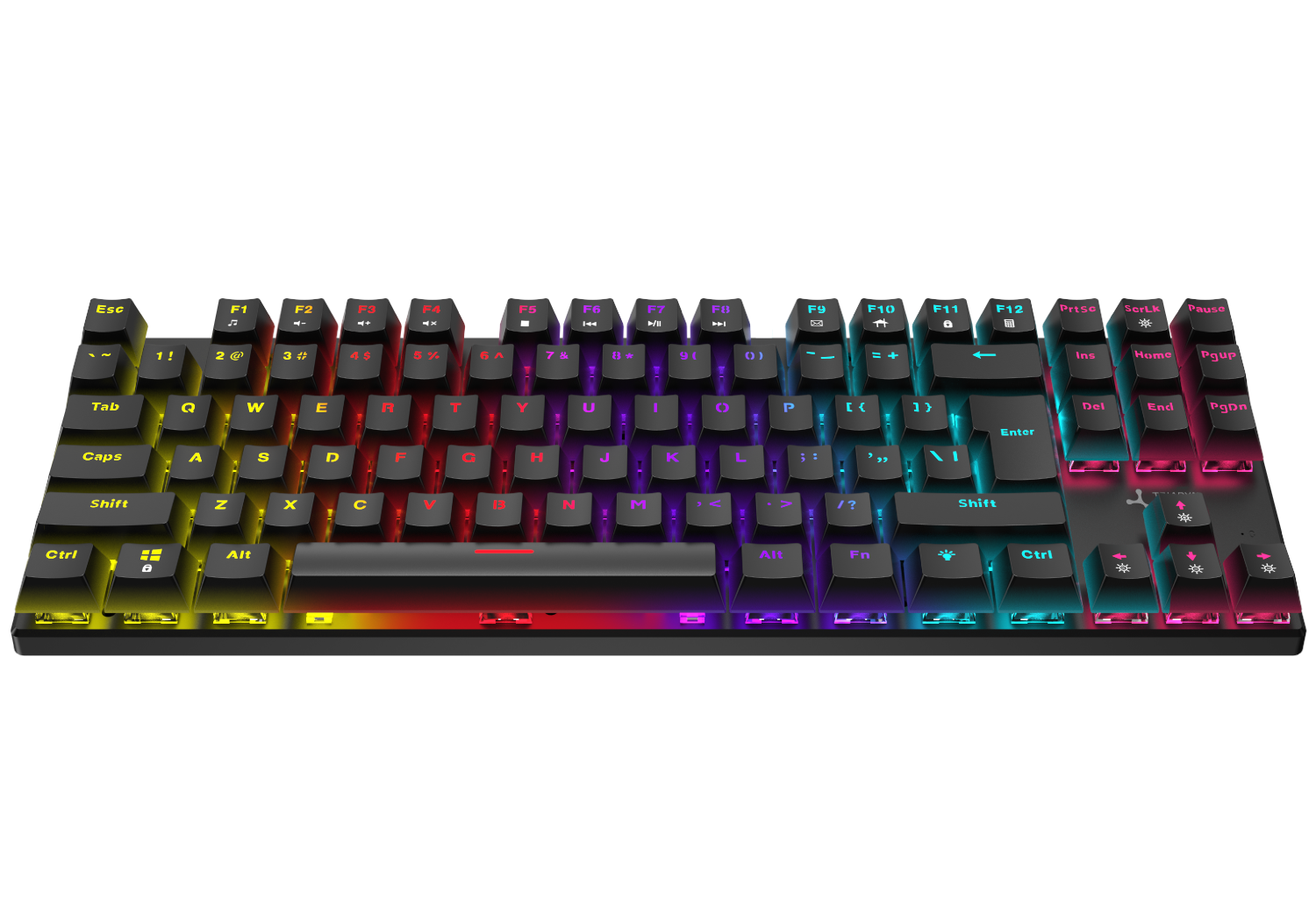 Czarna klawiatura z podświetleniem RGB, widok z przodu.