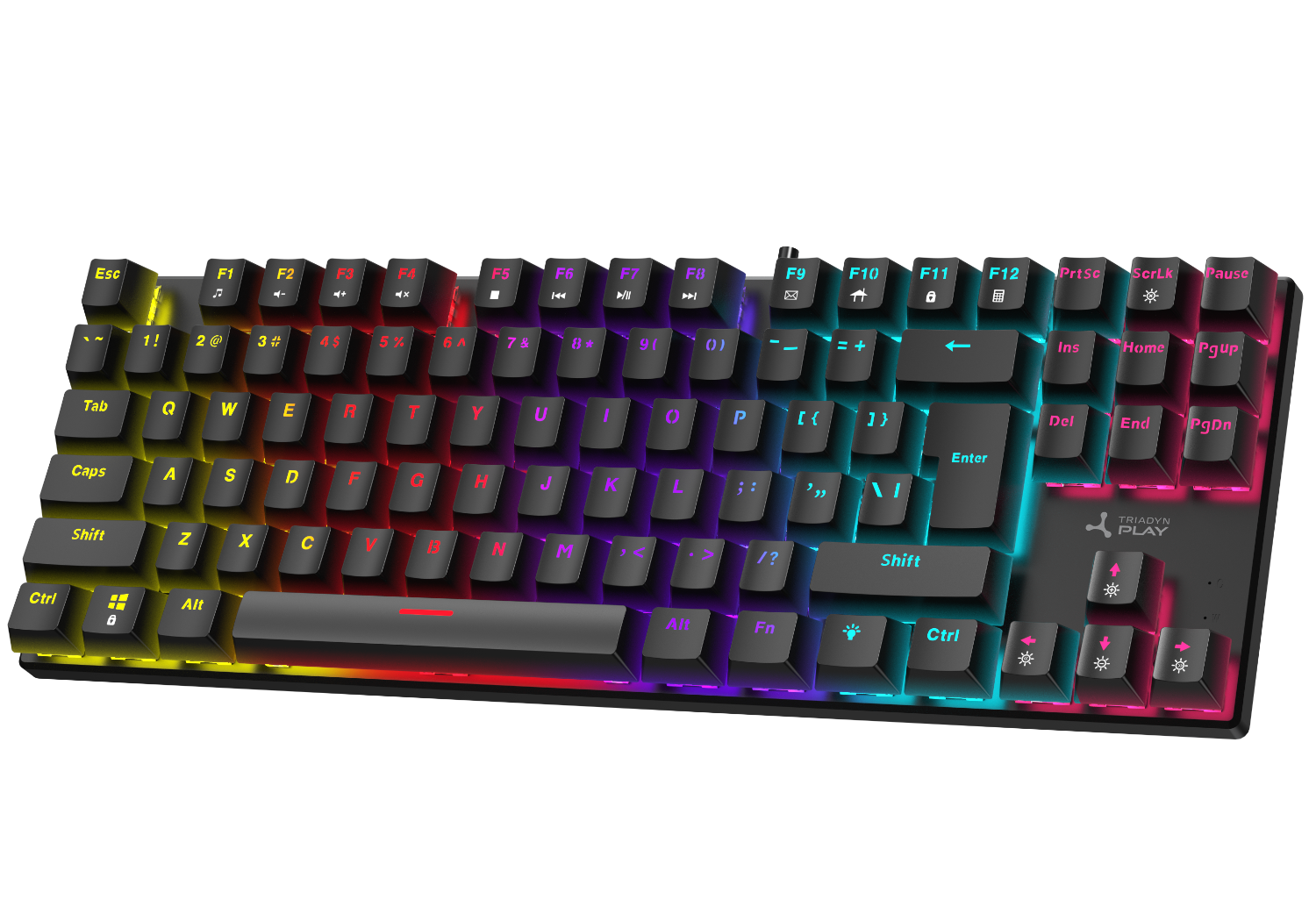 Czarna klawiatura z podświetleniem RGB i świecącymi klawiszami.