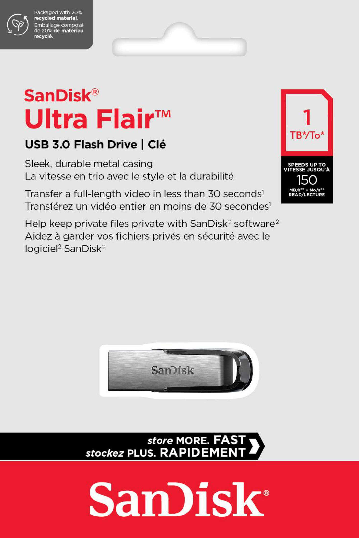 Chiavetta USB SanDisk Ultra Flair 3.0, 1TB, scocca in metallo, 150MB/s lettura.
