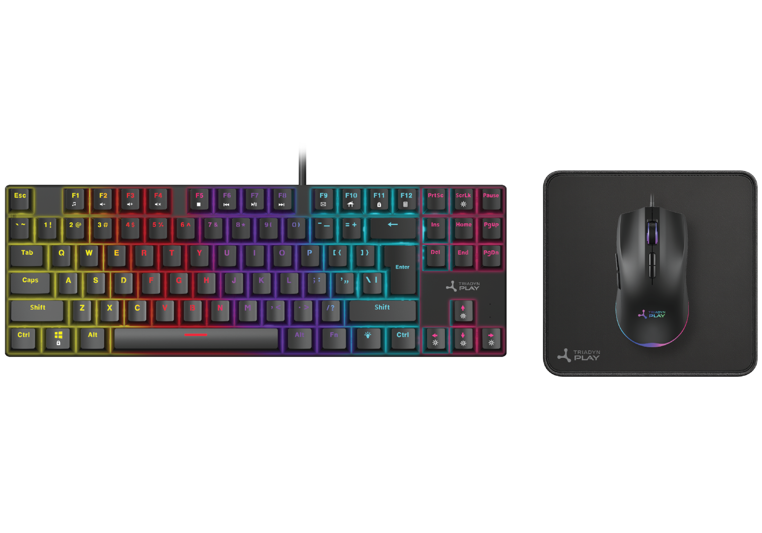 Czarna klawiatura gamingowa z podświetleniem RGB i czarna mysz gamingowa na podkładce.