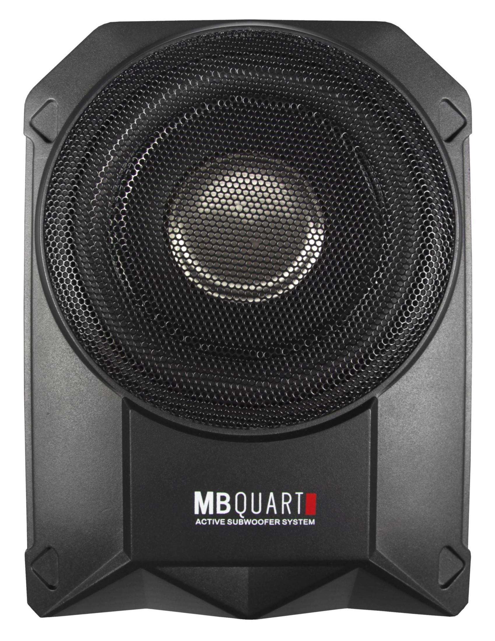 Ein schwarzer MB Quart Aktiv-Subwoofersystem-Lautsprecher mit Metallgitter.