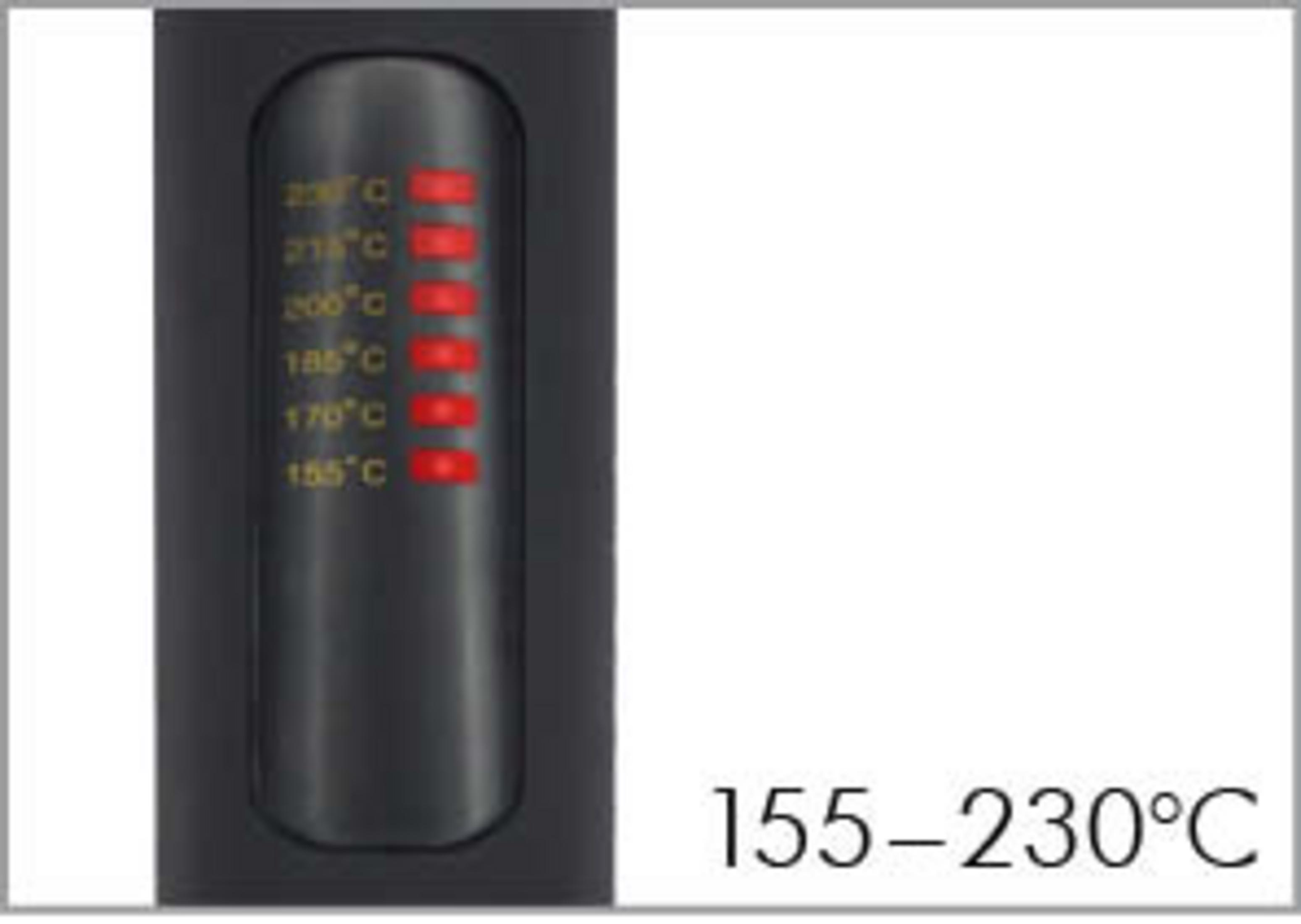 Ein schwarzes Gerät mit Temperaturanzeige von 155-230°C.