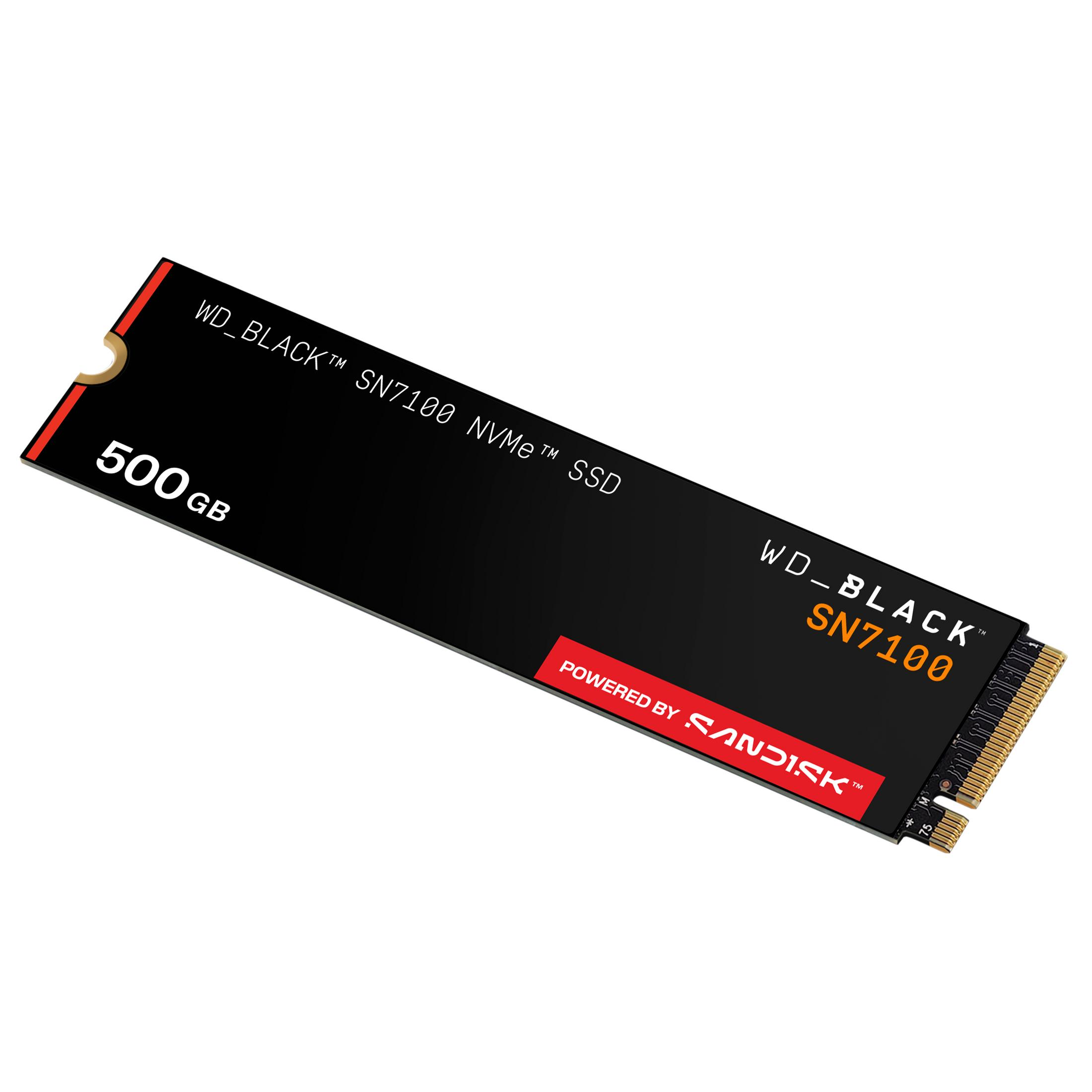 SSD NVMe WD_BLACK SN7100 negra de 500 GB con contactos dorados.