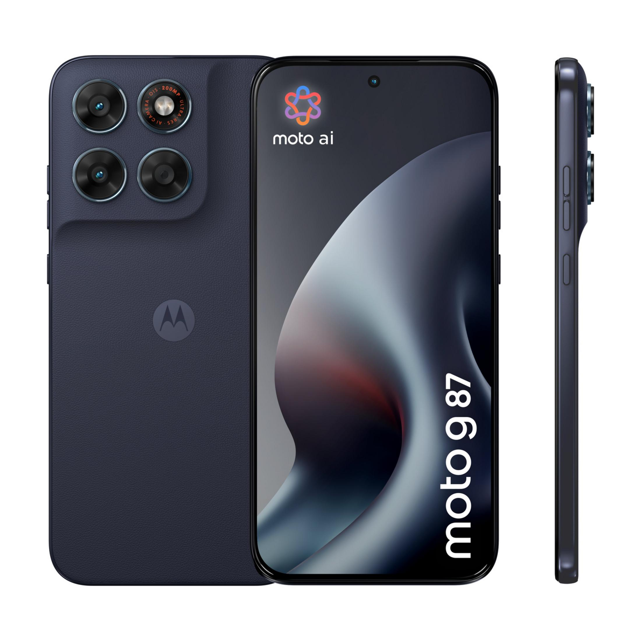 Tres vistas de un teléfono Motorola azul oscuro con cuatro cámaras traseras.