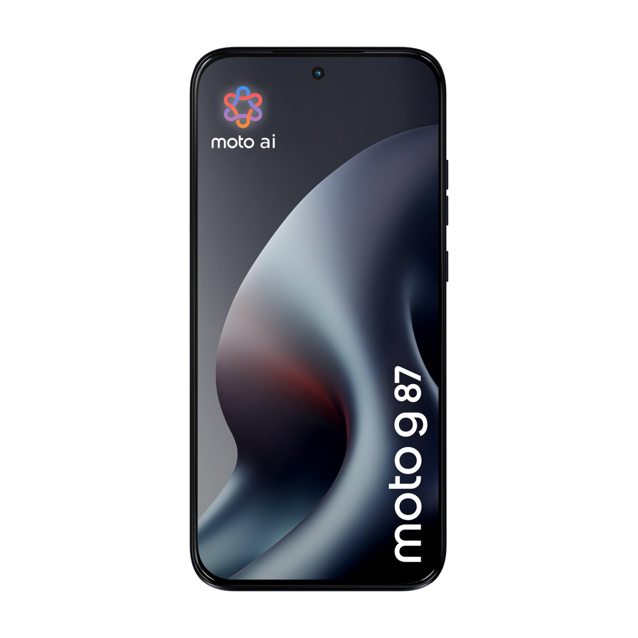 Un smartphone negro que muestra el logo 'moto ai' y 'moto g 87'.