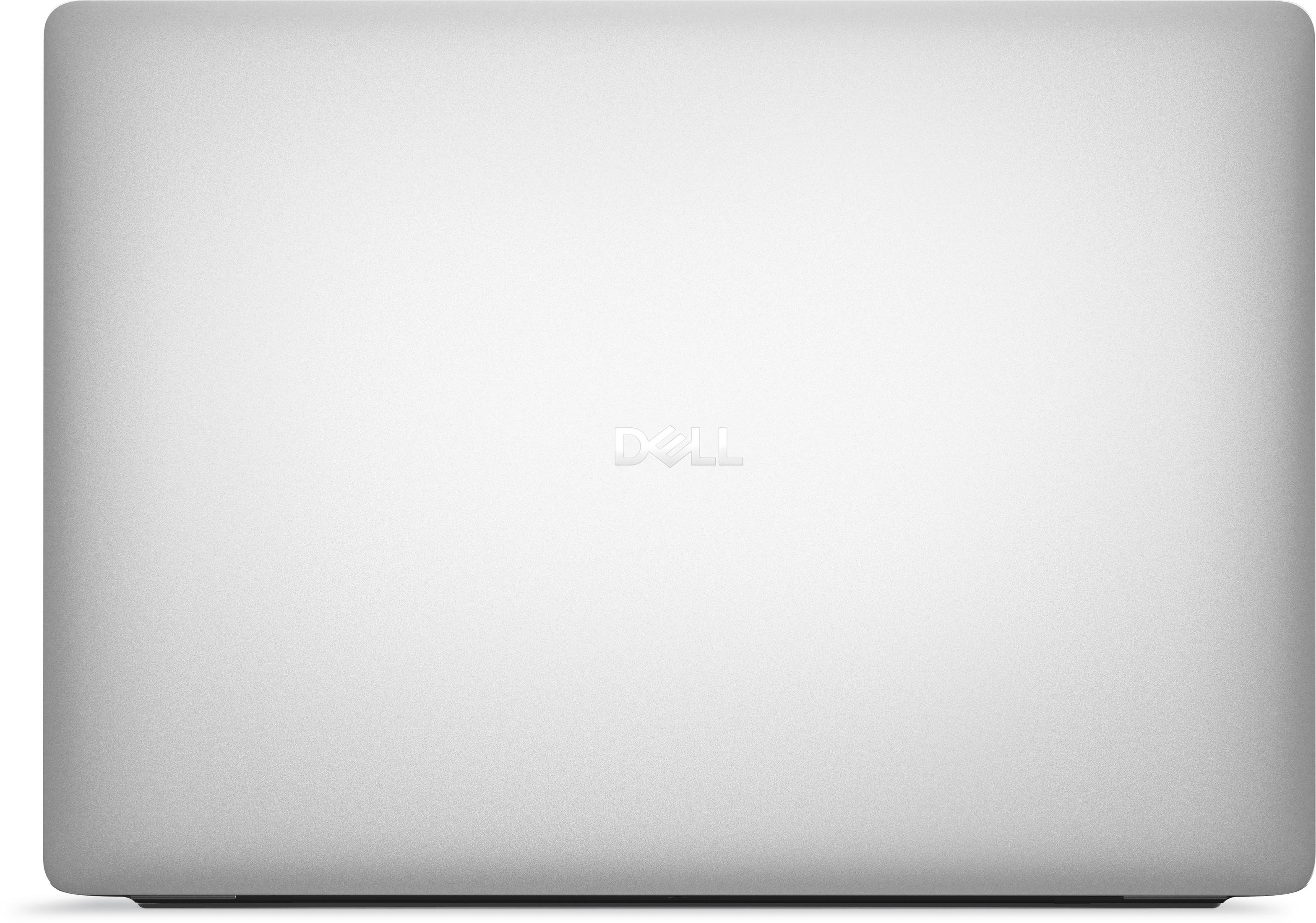 Geschlossener silberner Dell Laptop mit dem Logo in der Mitte.