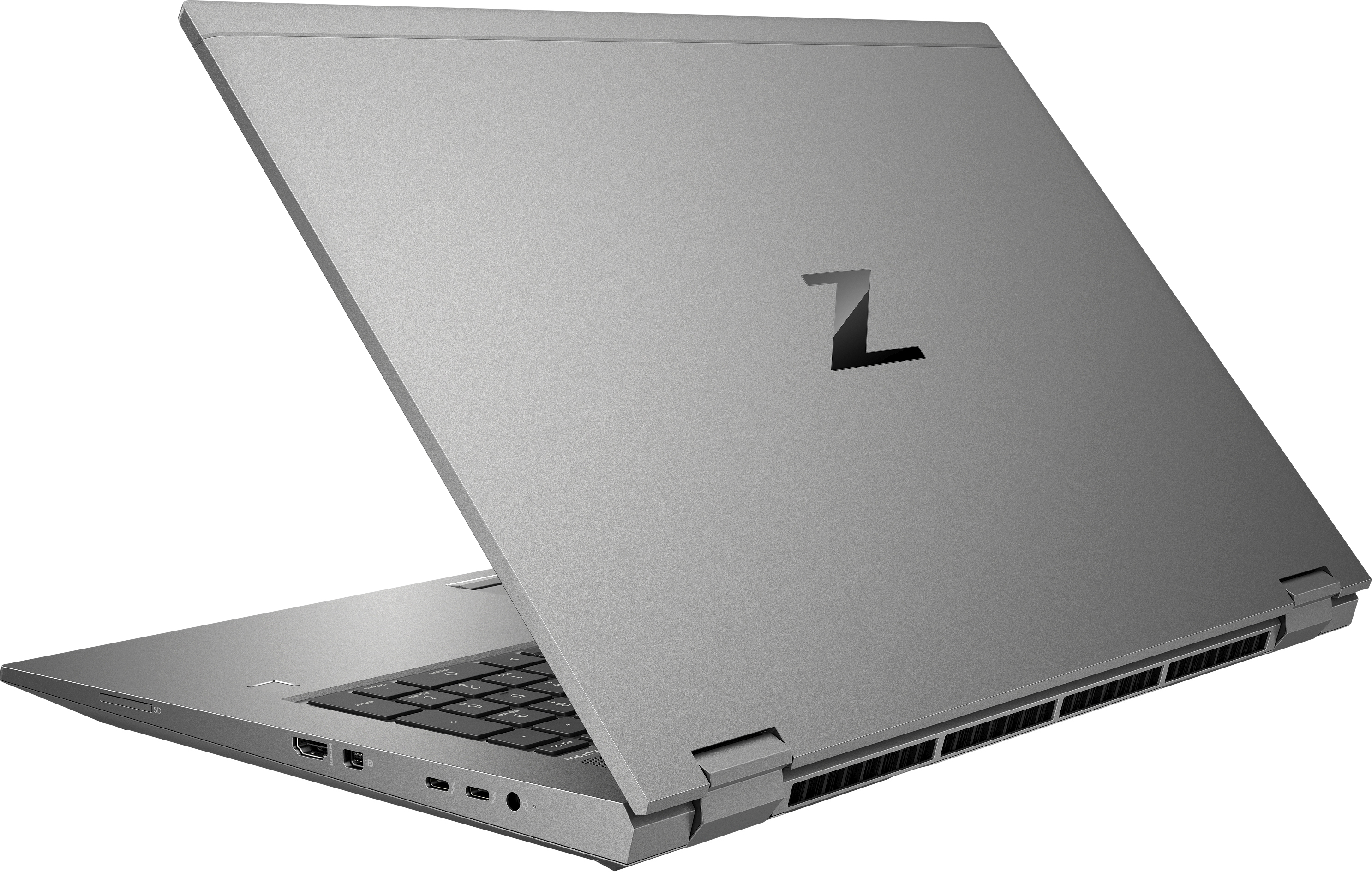 Ein silberner Laptop mit aufgeklapptem Deckel und einem schwarzen "Z"-Logo.