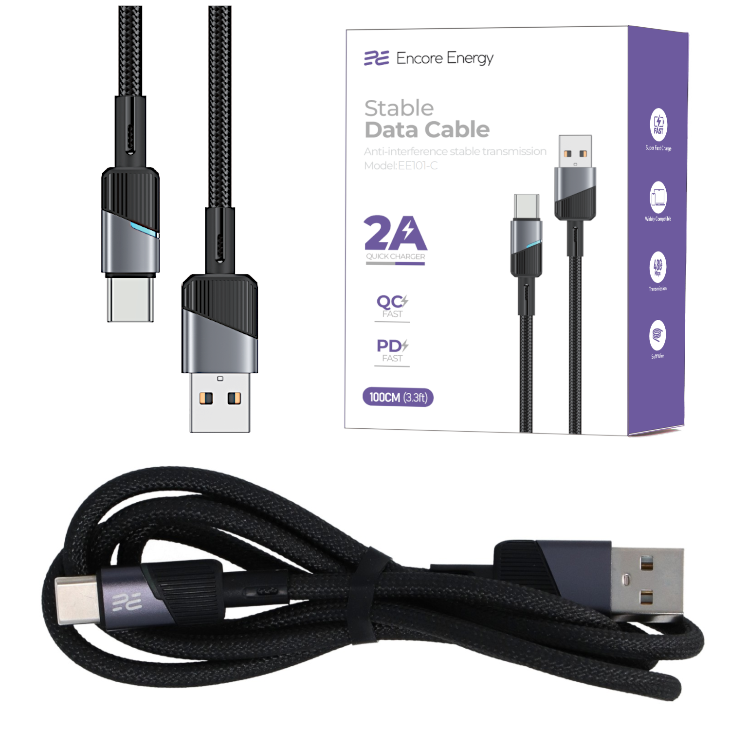 Kabel danych USB-C ze złączem USB-A, związany w węzeł, z czarnego materiału plecionego.