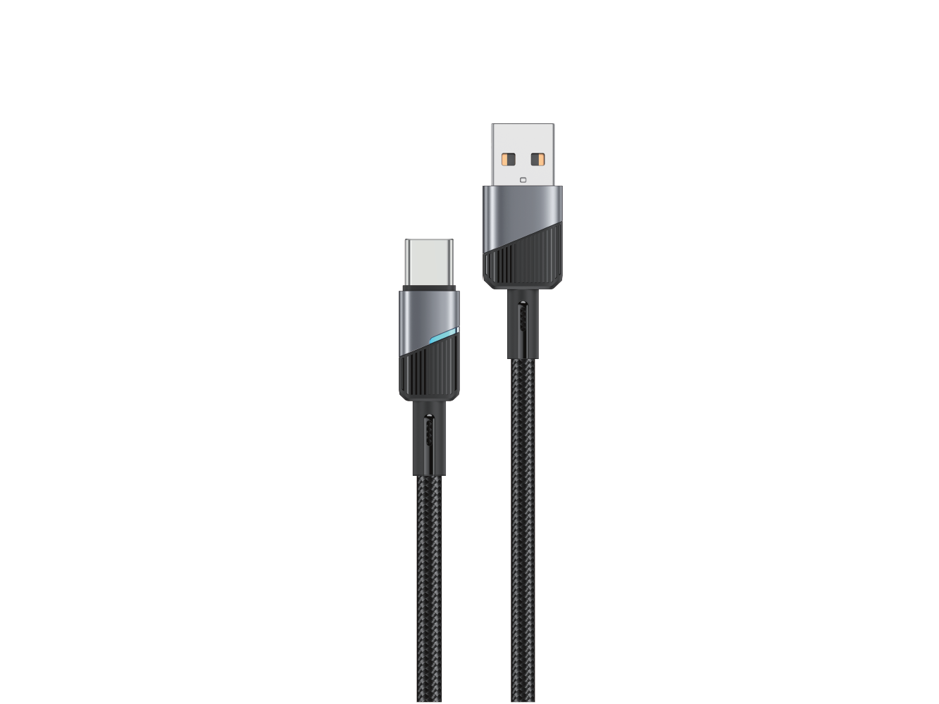 Czarny kabel USB-C do USB-A z szarymi i czarnymi złączami.