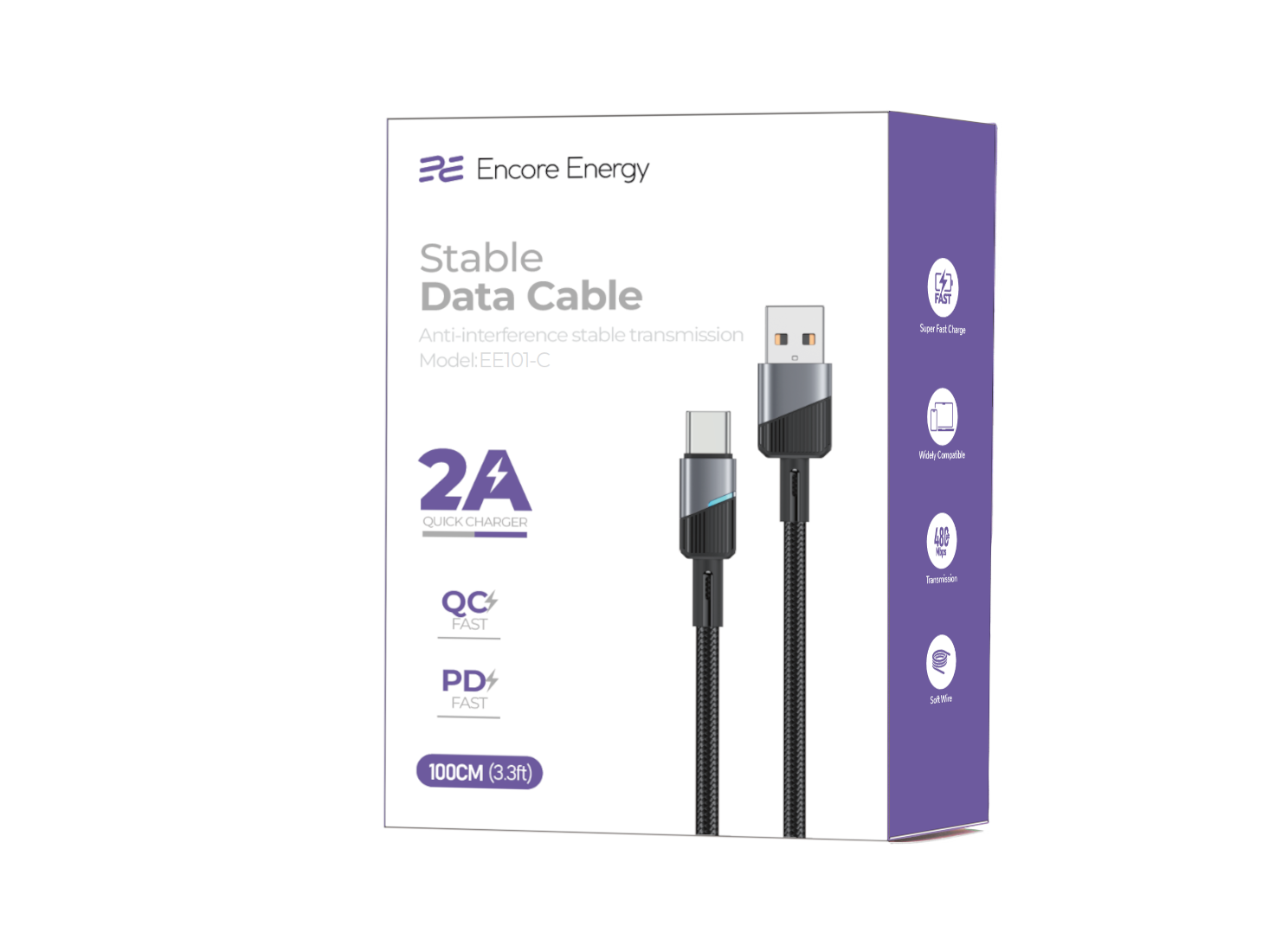 Opakowanie kabla danych USB-C Encore Energy 2A z funkcjami szybkiego ładowania.
