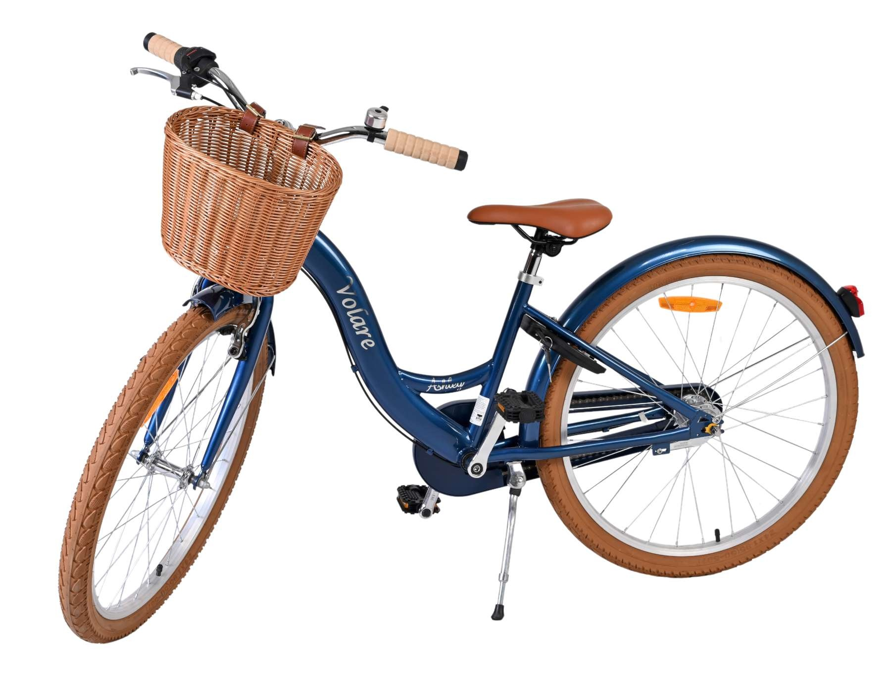 Blaues Fahrrad mit braunem Korb, braunem Sattel und braunen Reifen.