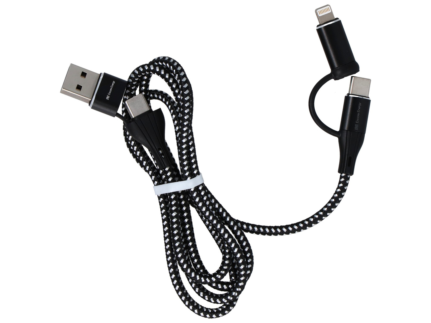 Czarny i biały pleciony kabel USB ze złączami USB-A, USB-C i Lightning.