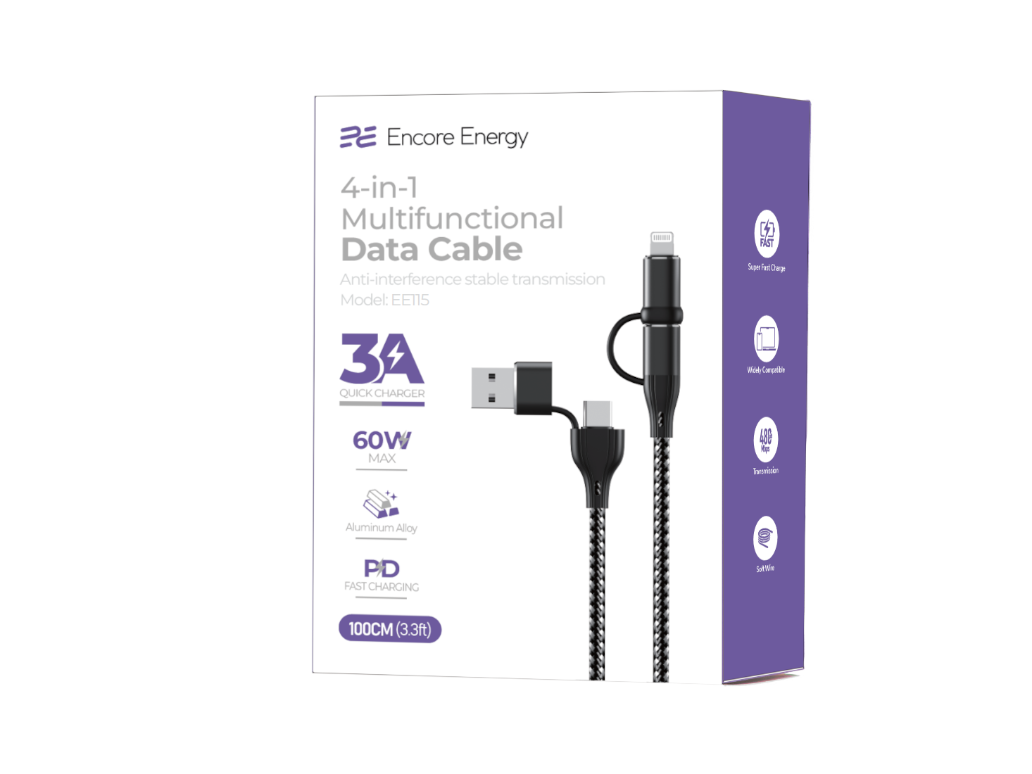 Opakowanie wielofunkcyjnego kabla danych 4 w 1 Encore Energy, czarne i fioletowe.