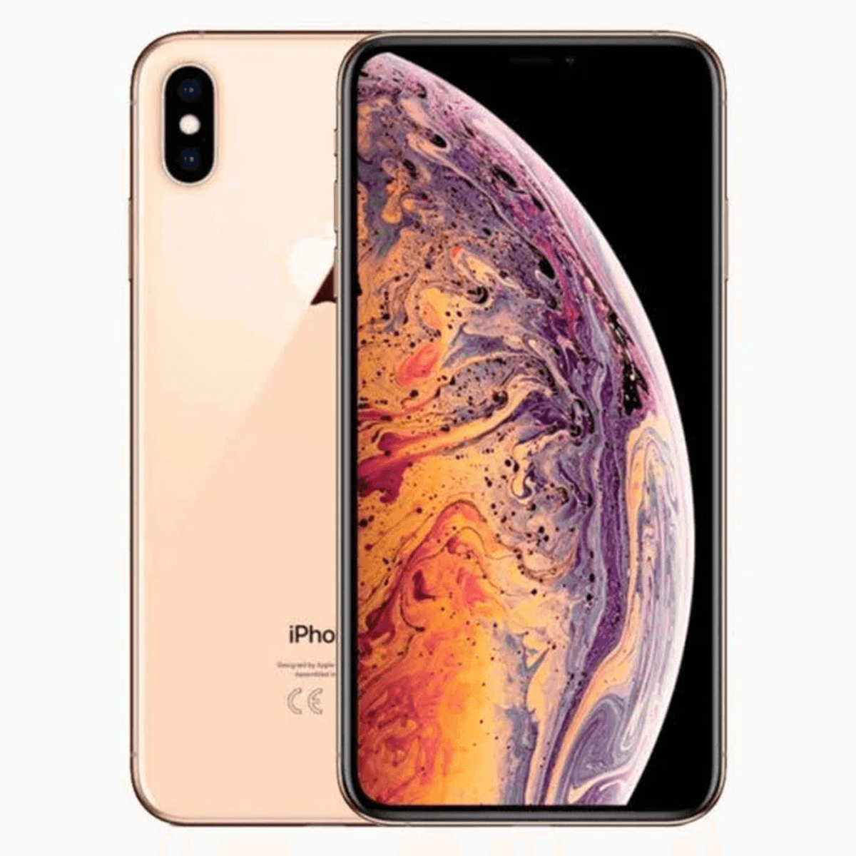 Un iPhone XS Max dorato con uno sfondo colorato. Il telefono è su sfondo bianco.