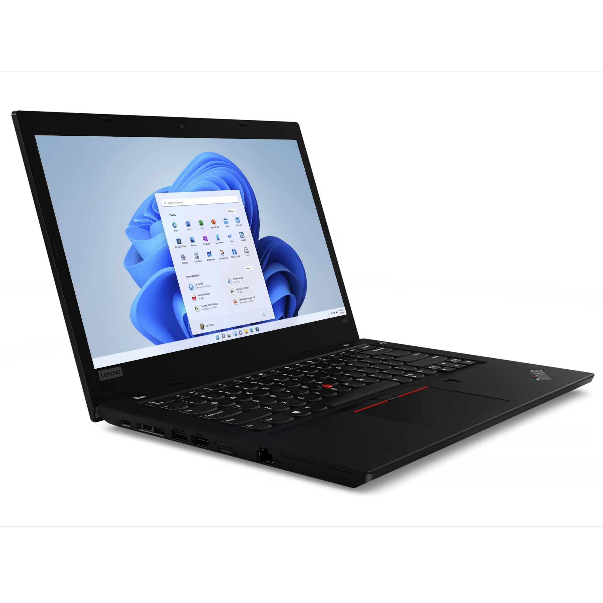 Ein schwarzer Lenovo Laptop mit Windows 11 Startmenü und Tastatur.