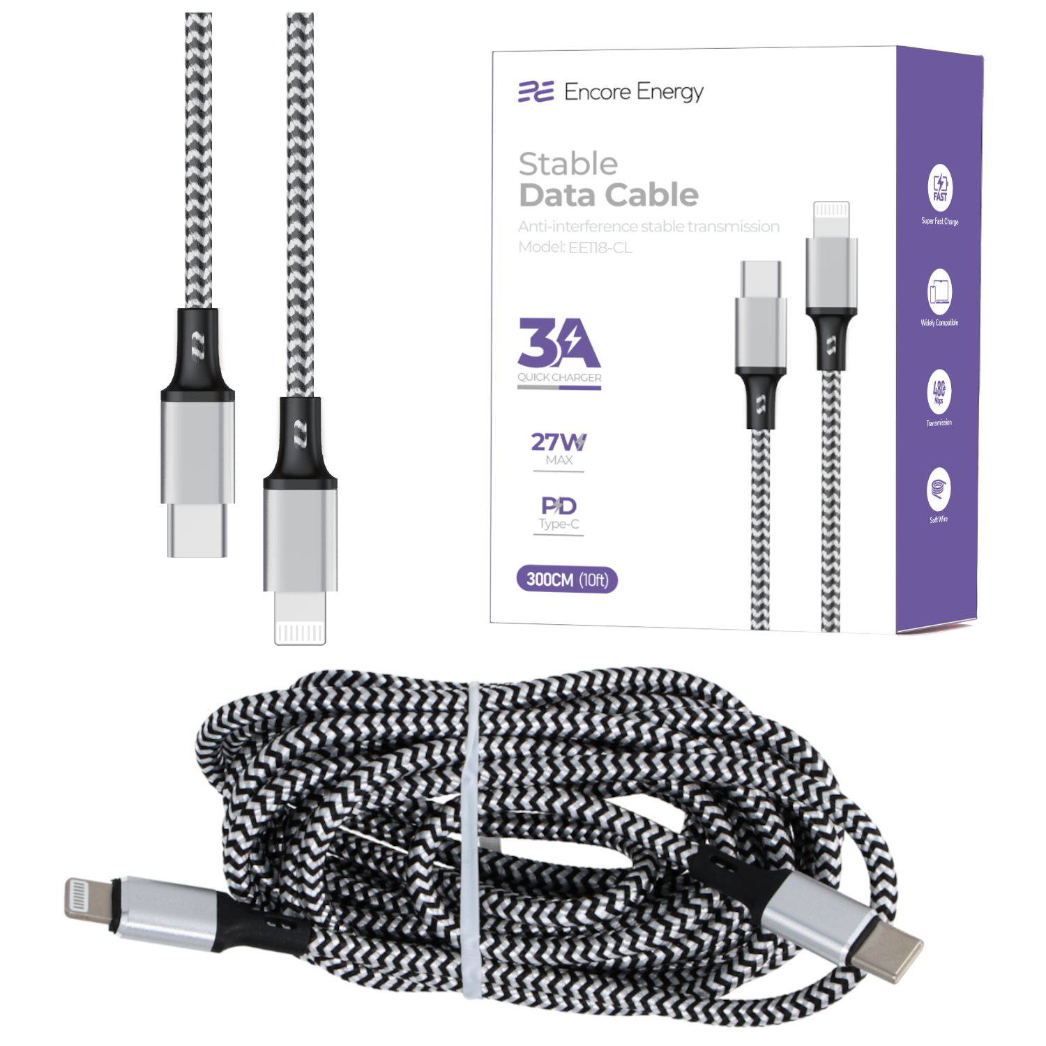 Stabilny kabel danych Encore Energy ze złączami USB-C i Lightning. 3A, maks. 27W.