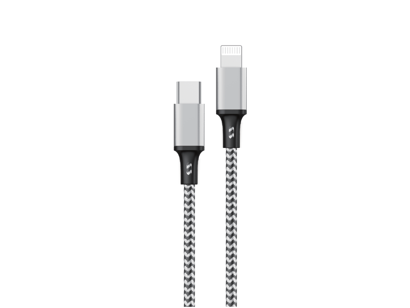 Kabel USB-C do Lightning ze srebrnymi złączami i plecionym szaro-czarnym przewodem.