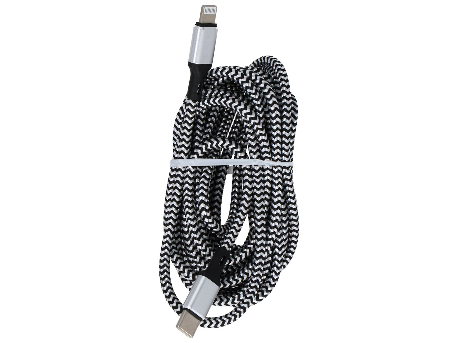 Kabel USB-C na Lightning w czarno-biały wzór zygzak, zwinięty.
