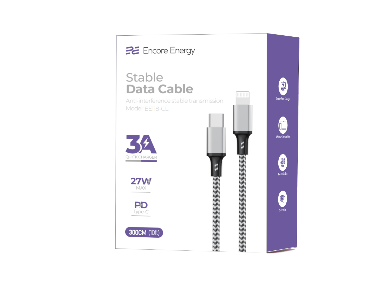 Opakowanie kabla danych USB-C do Lightning 3A, 27W, 300cm.