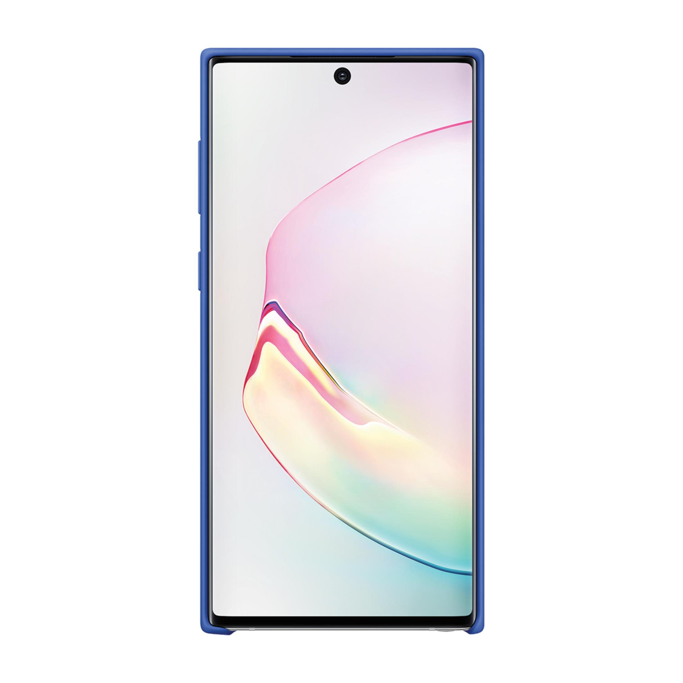 Uno smartphone blu con uno sfondo astratto colorato sul suo schermo.