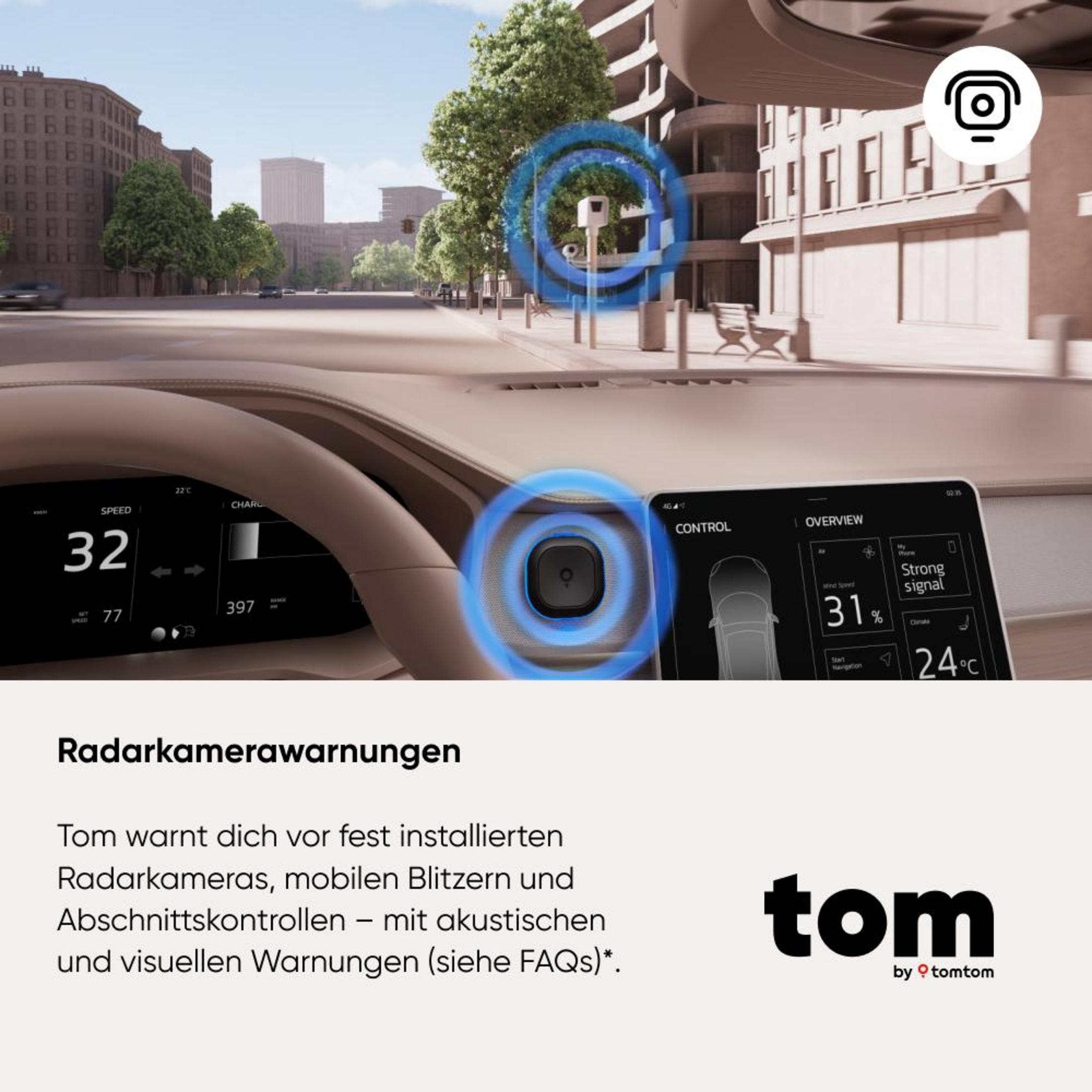 Interior de coche mostrando pantalla de navegación con advertencias de radar. Ciudad fuera.