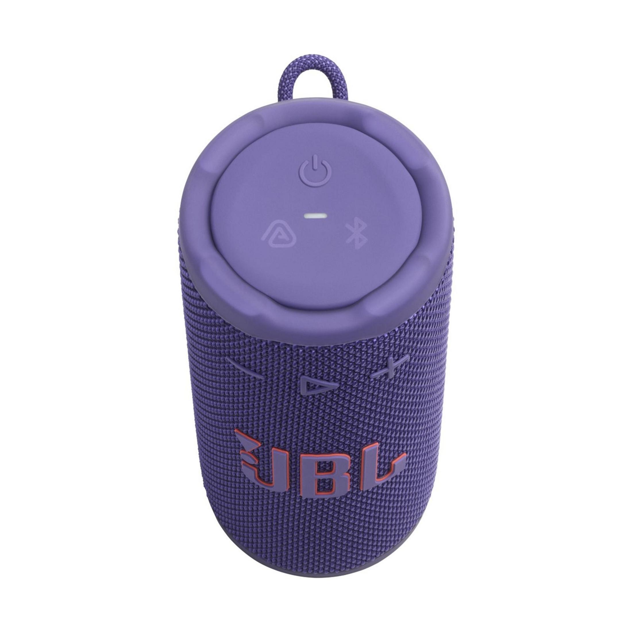 Lila JBL Bluetooth-Lautsprecher mit Trageschlaufe und Bedienelementen.
