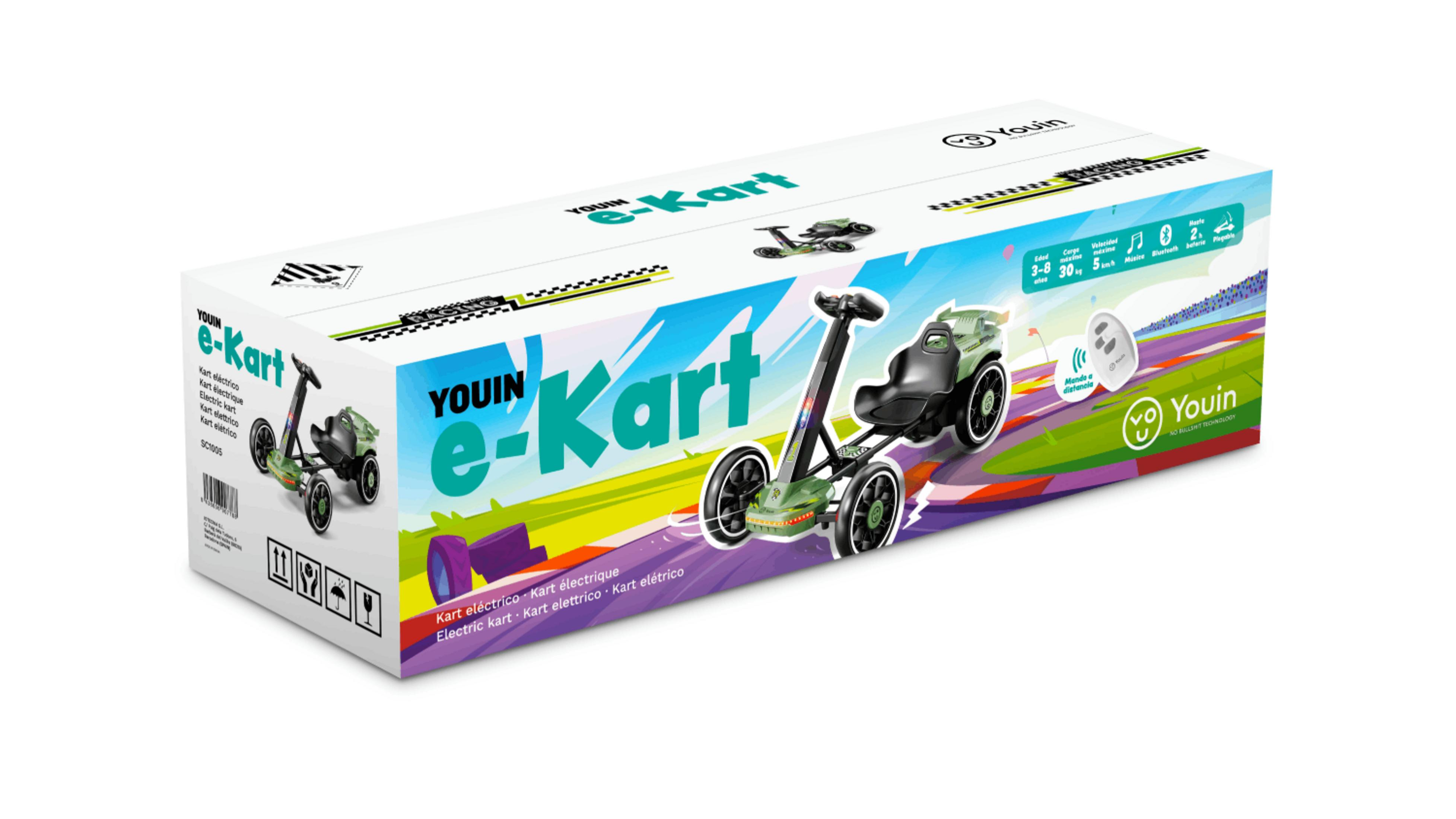 Caja de embalaje verde de kart eléctrico con imágenes y especificaciones del producto.