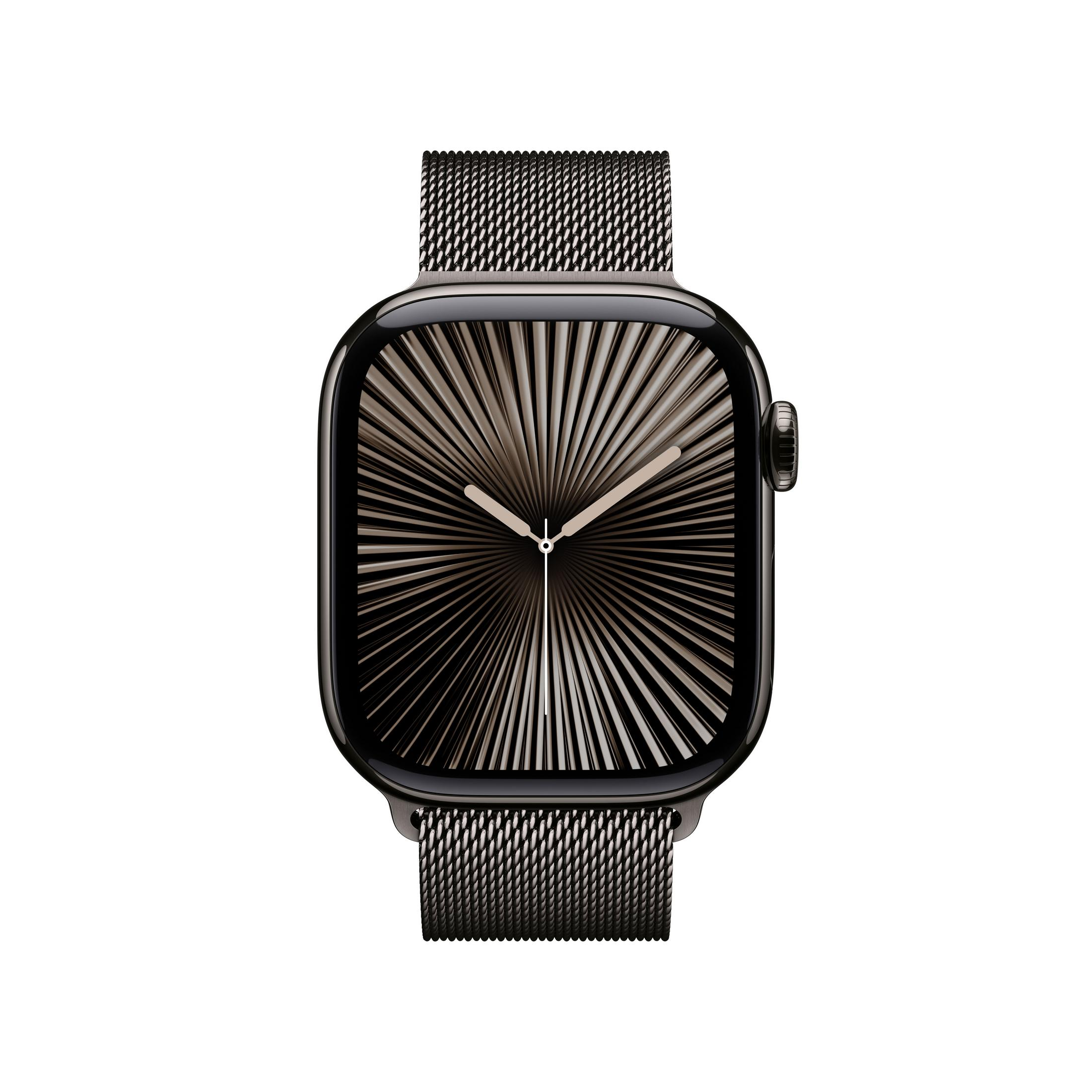 Smartwatch nero con cinturino milanese e quadrante a raggiera.