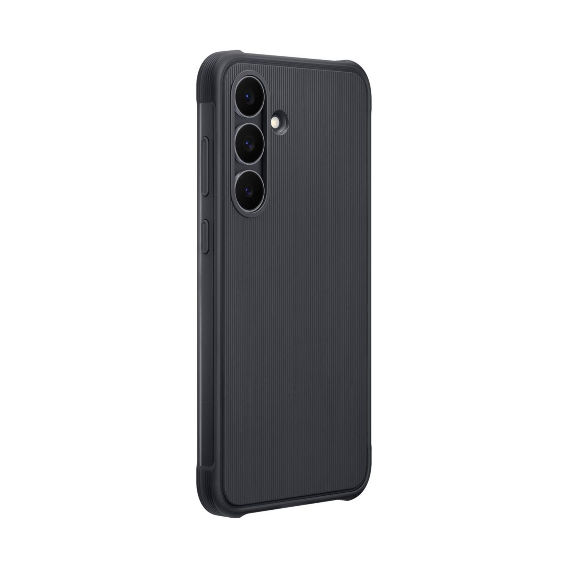 Funda de teléfono gris oscuro con parte trasera acanalada y tres lentes de cámara.