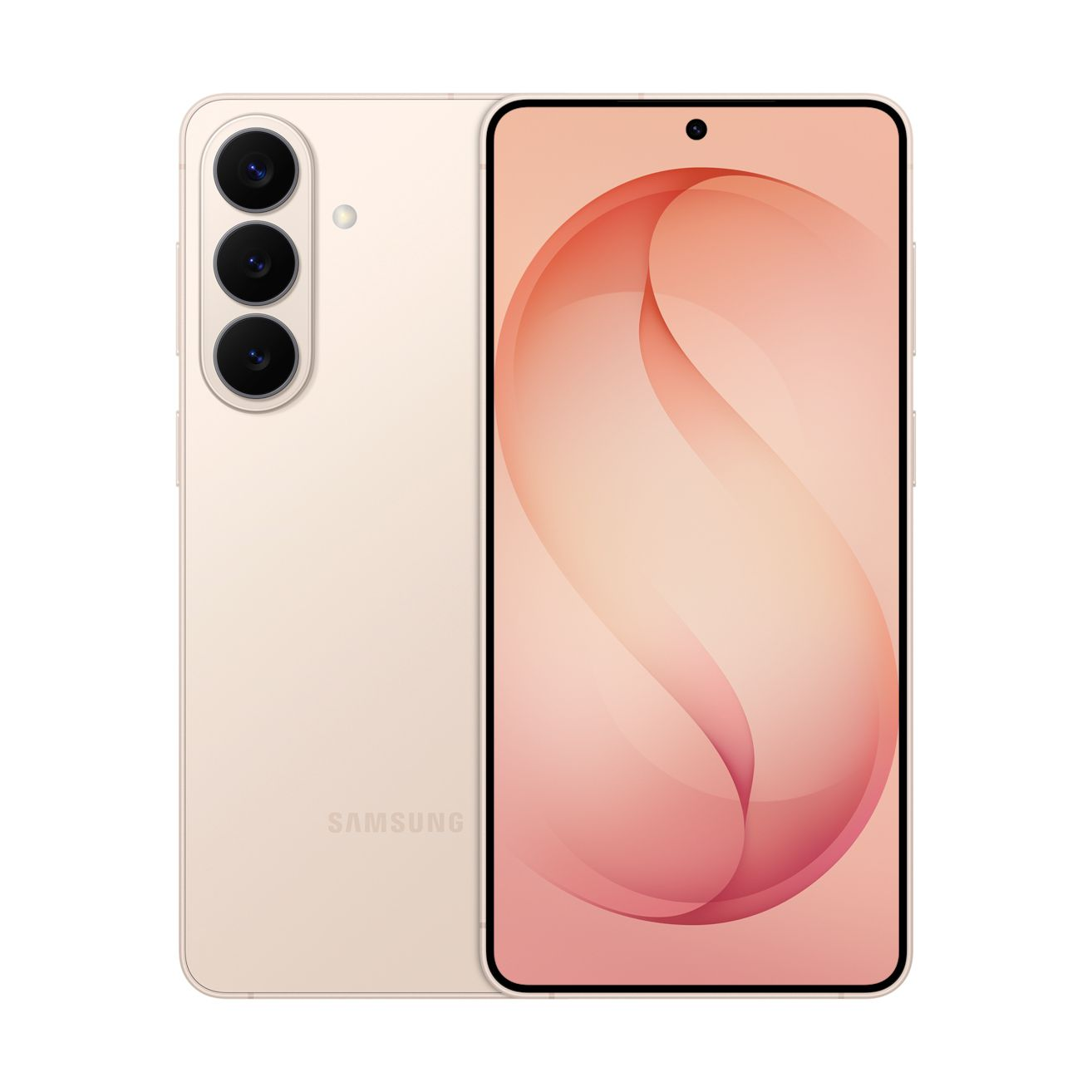 Uno smartphone Samsung oro chiaro con tre fotocamere posteriori e un motivo rosa sullo schermo.