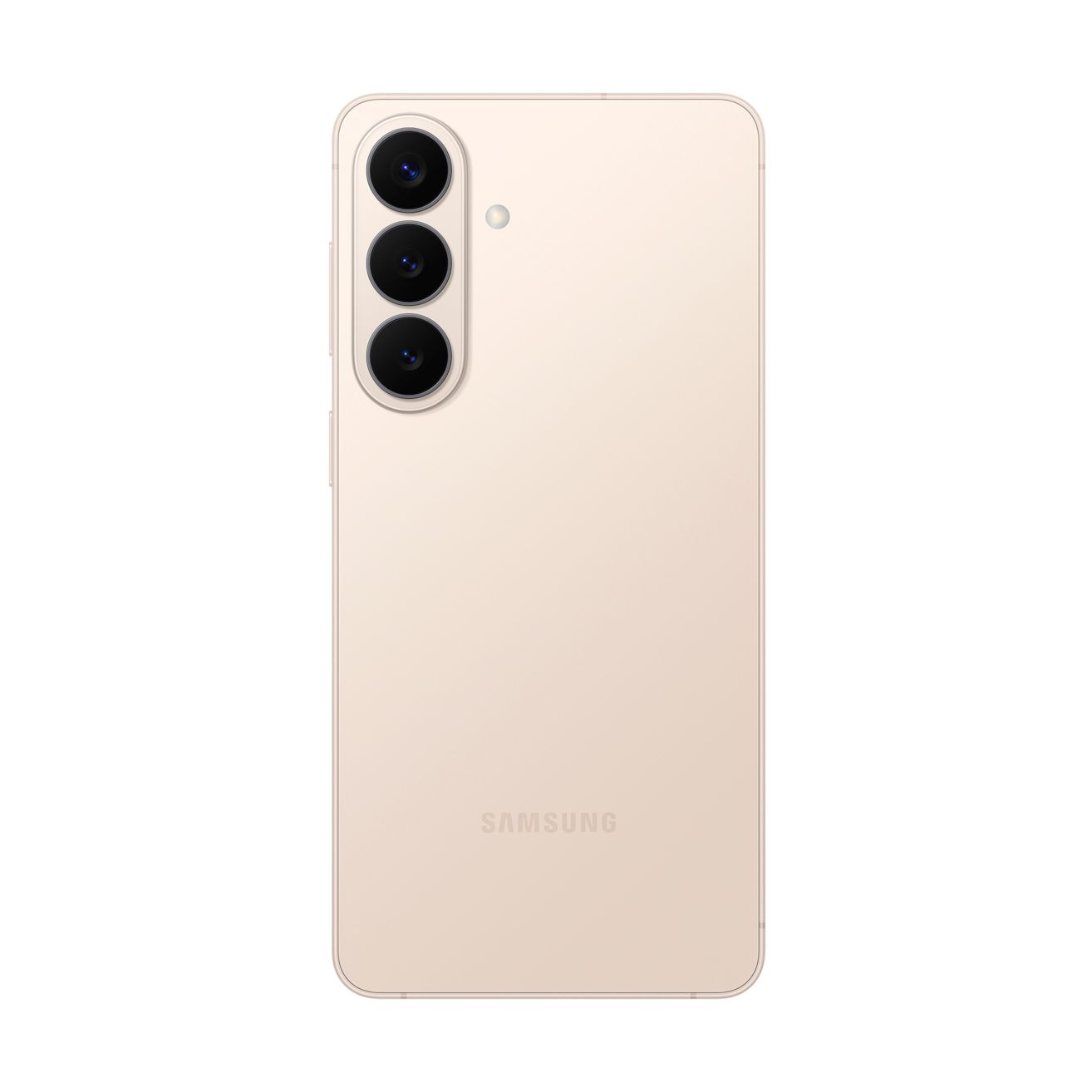 Retro di uno smartphone beige chiaro con tre fotocamere verticali e logo Samsung.