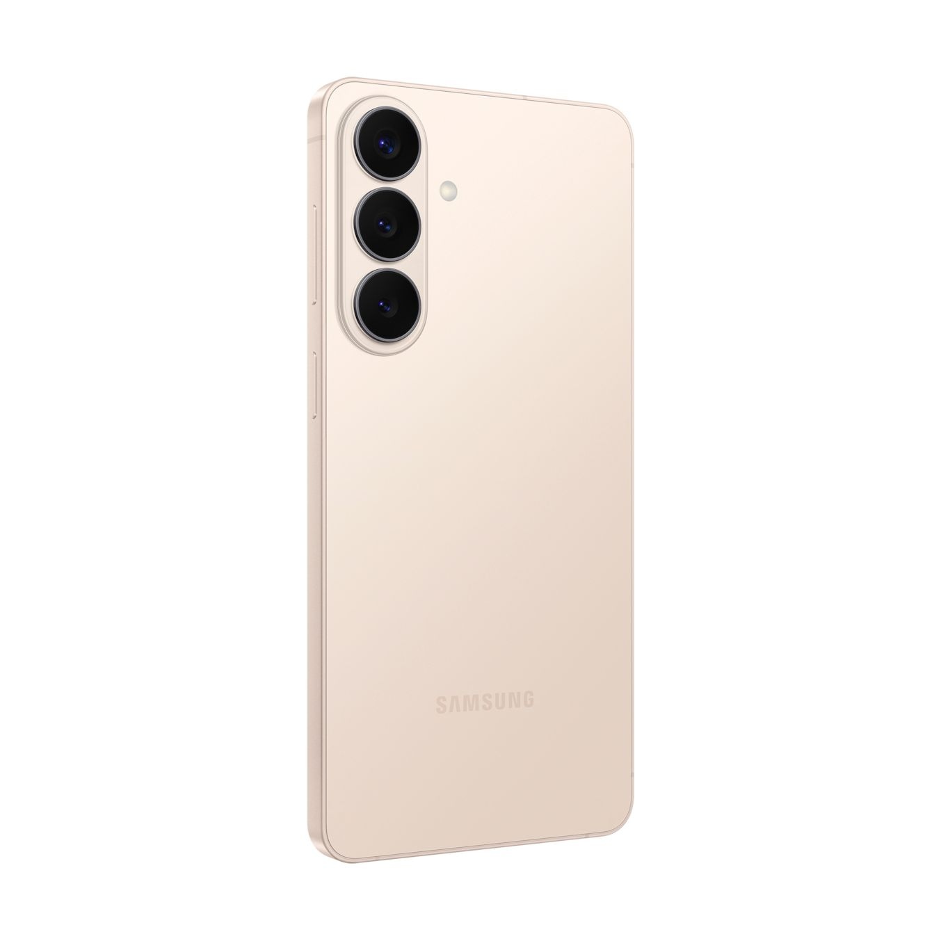 Uno smartphone Samsung oro chiaro con tre fotocamere posteriori, su sfondo bianco.