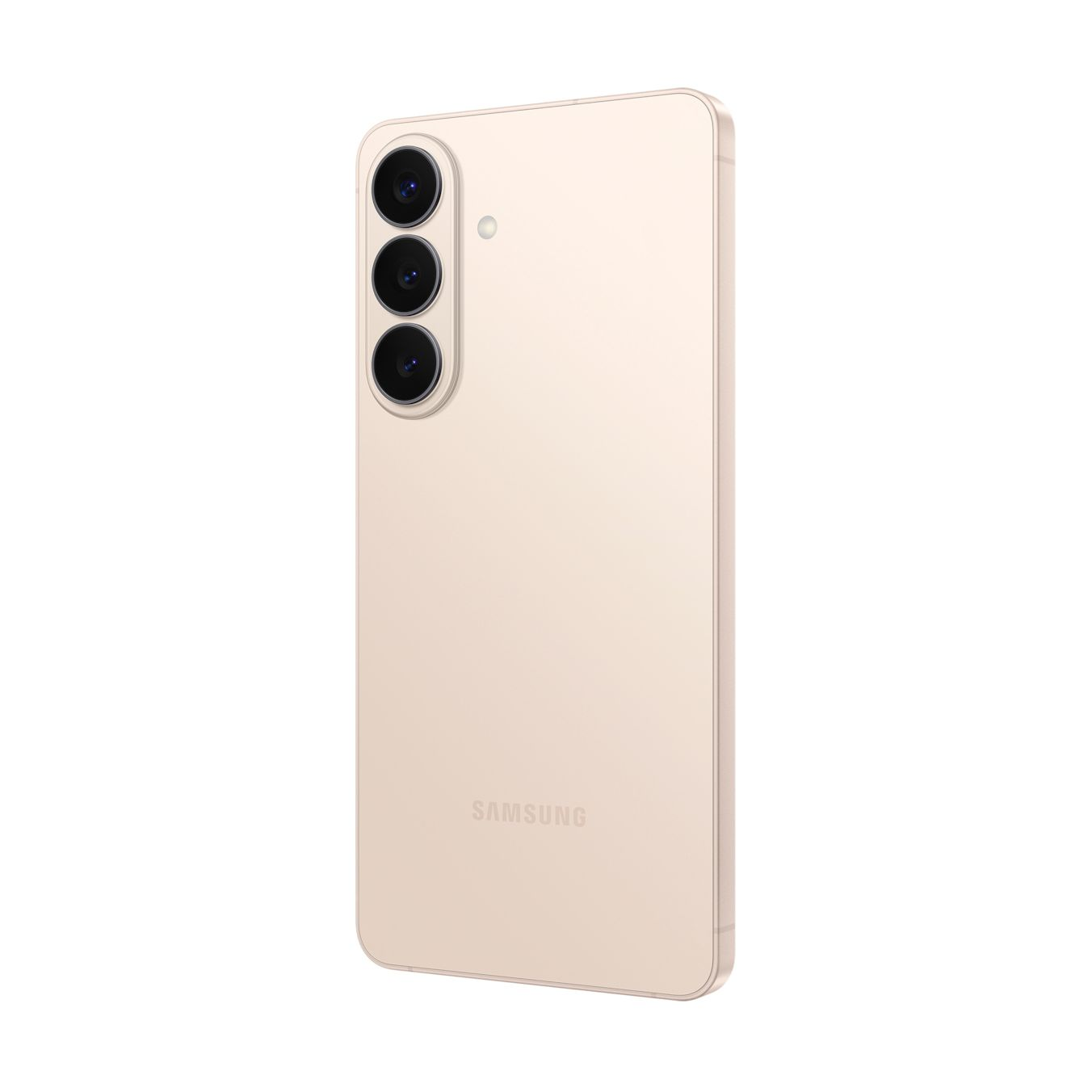 Uno smartphone Samsung beige chiaro con tre fotocamere sul retro.