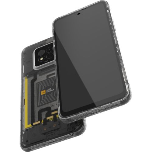 Uno smartphone trasparente che mostra componenti interni e modulo fotocamera.
