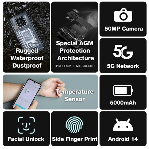 Funzionalità smartphone: Fotocamera 50MP, 5G, 5000mAh, robusto, impermeabile, sensore T.