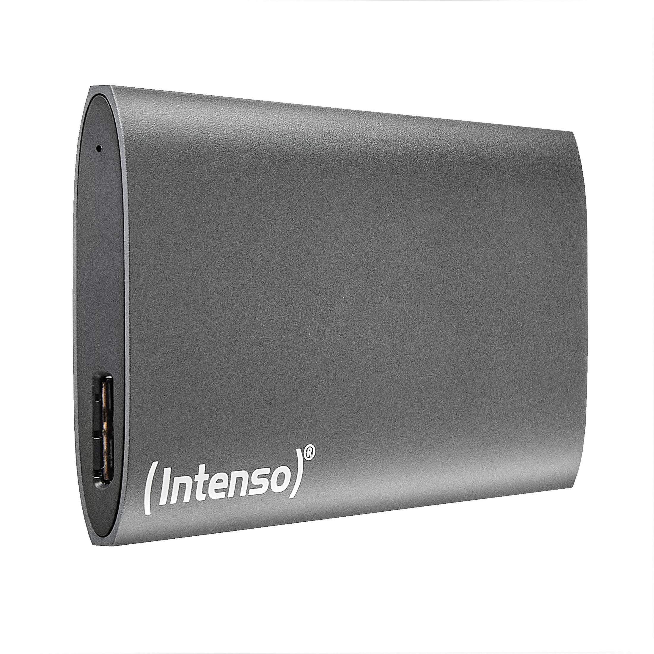 Dispositivo di archiviazione esterno grigio con porta USB e logo "Intenso".