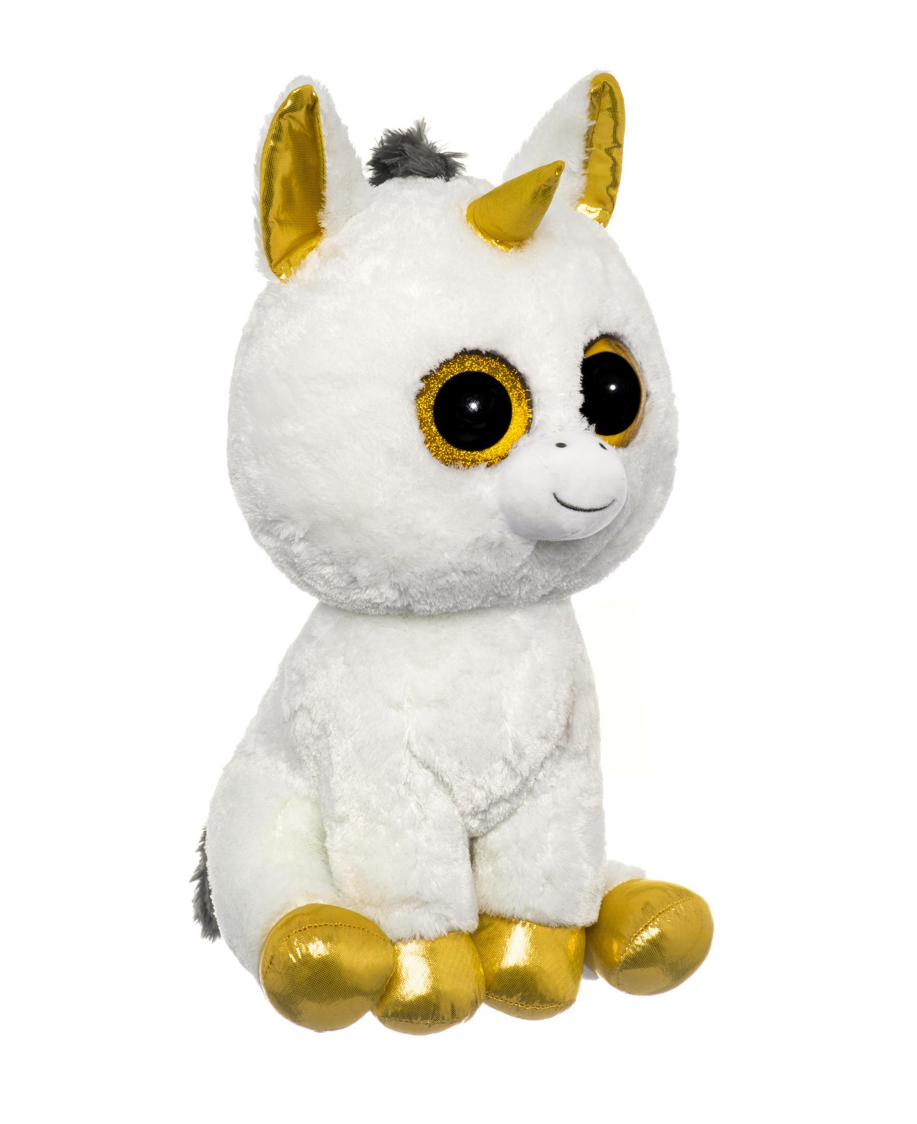 A white plush unicorn with gold ears, horn, and feet sits.