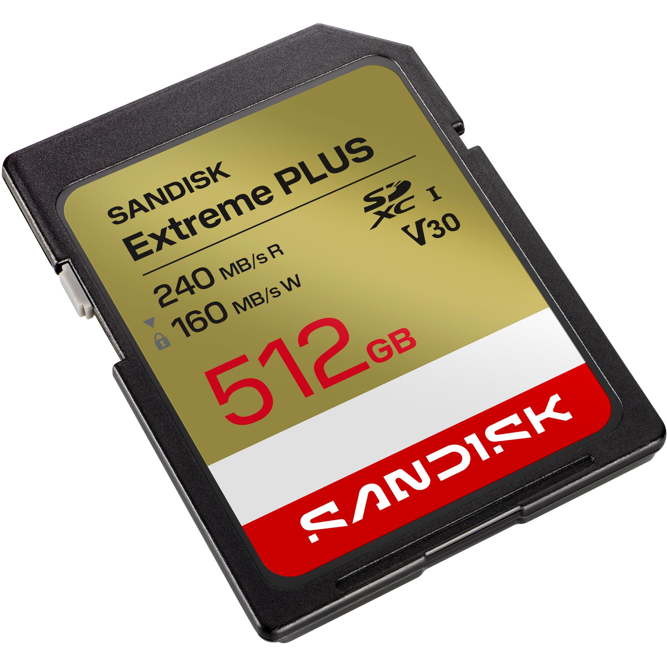 Scheda SD Sandisk Extreme Plus da 512GB con rating V30, 240MB/s R, 160MB/s W.