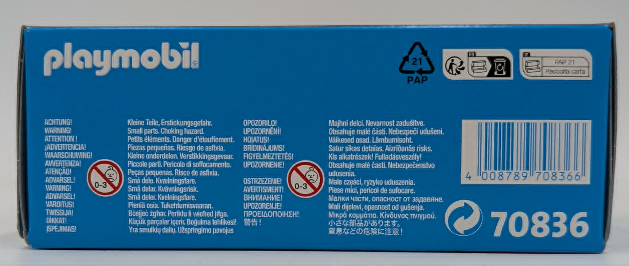 Playmobil-Verpackung mit Warnhinweisen und Produktnummer 70836.