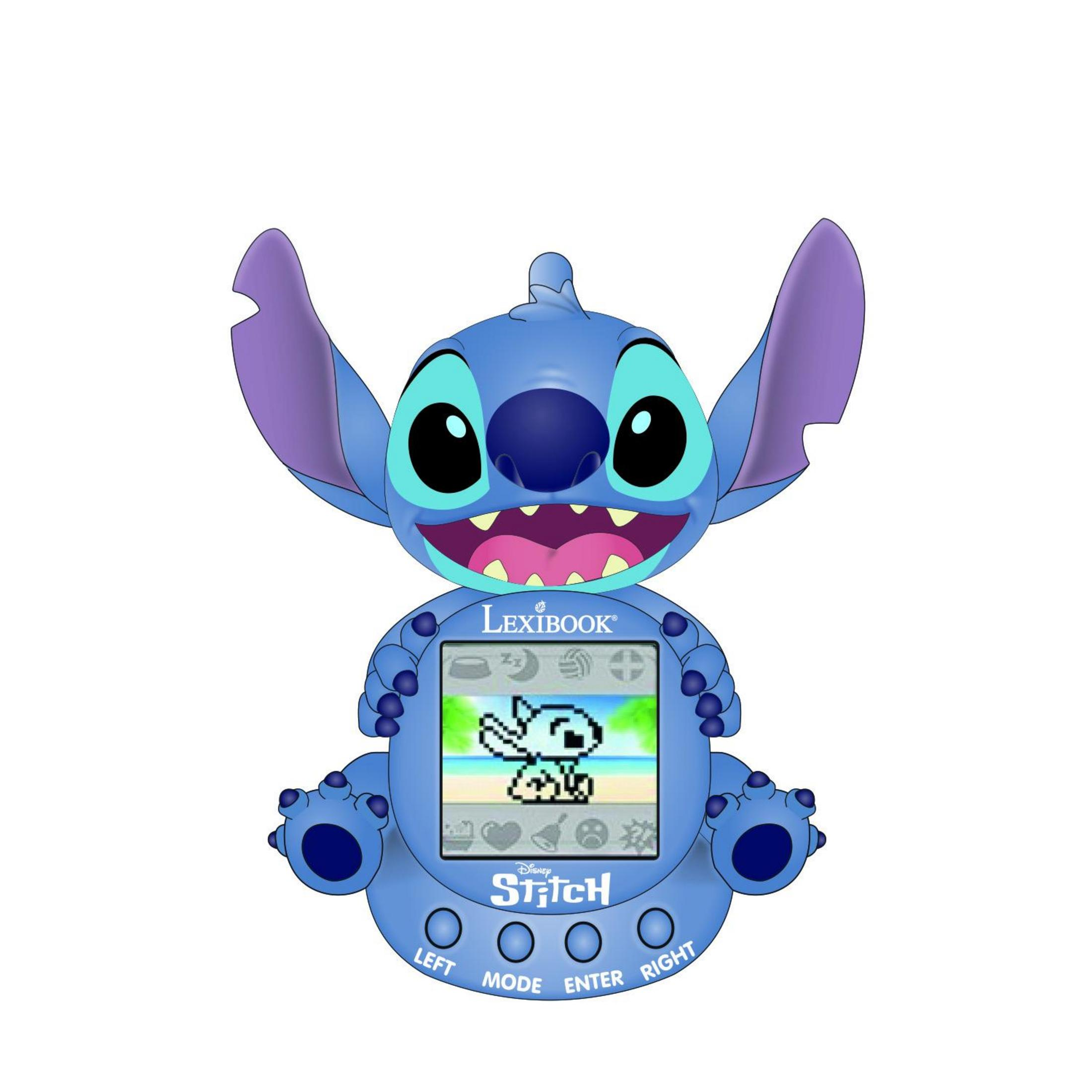 Un personaggio blu di Stitch tiene un dispositivo Lexibook blu con schermo di gioco.