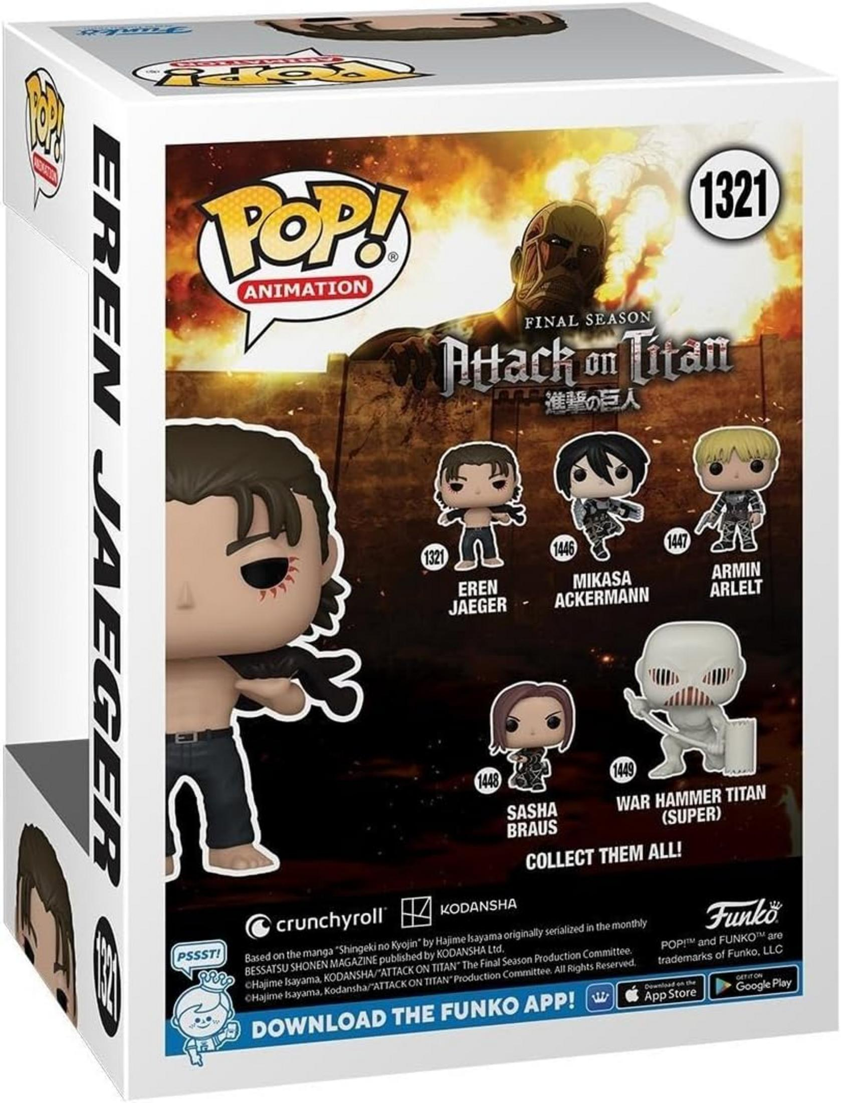 Box Funko Pop! Attack on Titan con Eren Jaeger, Mikasa, Armin, Sasha e Titano da Guerra.