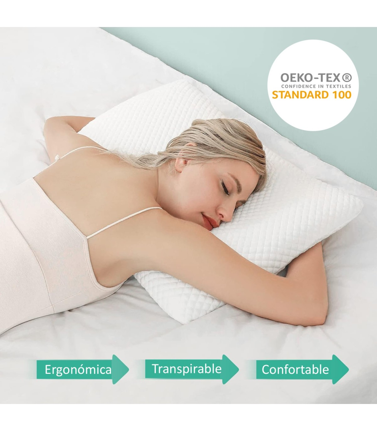 Mujer durmiendo en almohada blanca con logo OEKO-TEX STANDARD 100.