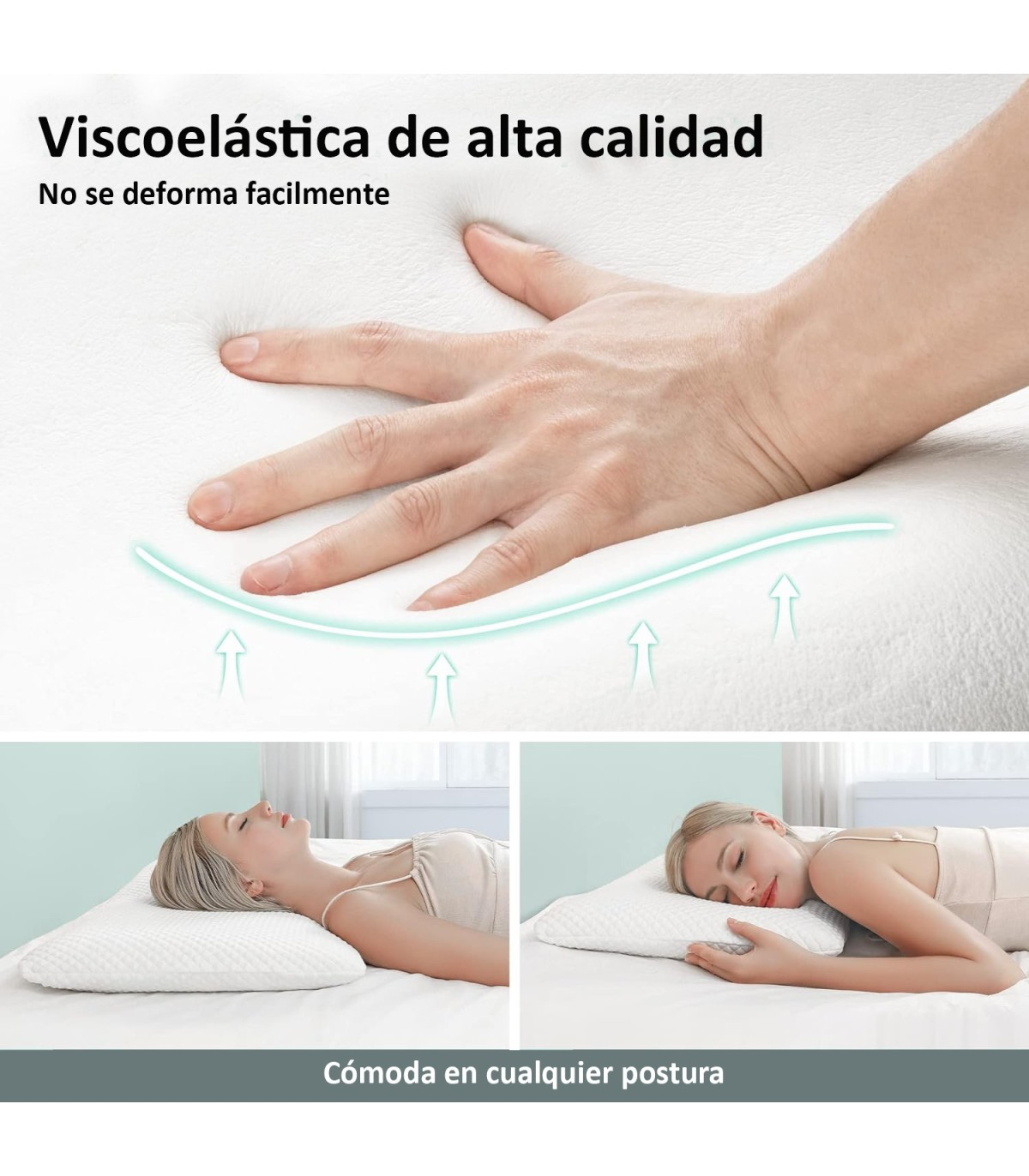Una mano presiona una almohada viscoelástica blanca. Dos mujeres duermen en almohadas similares.