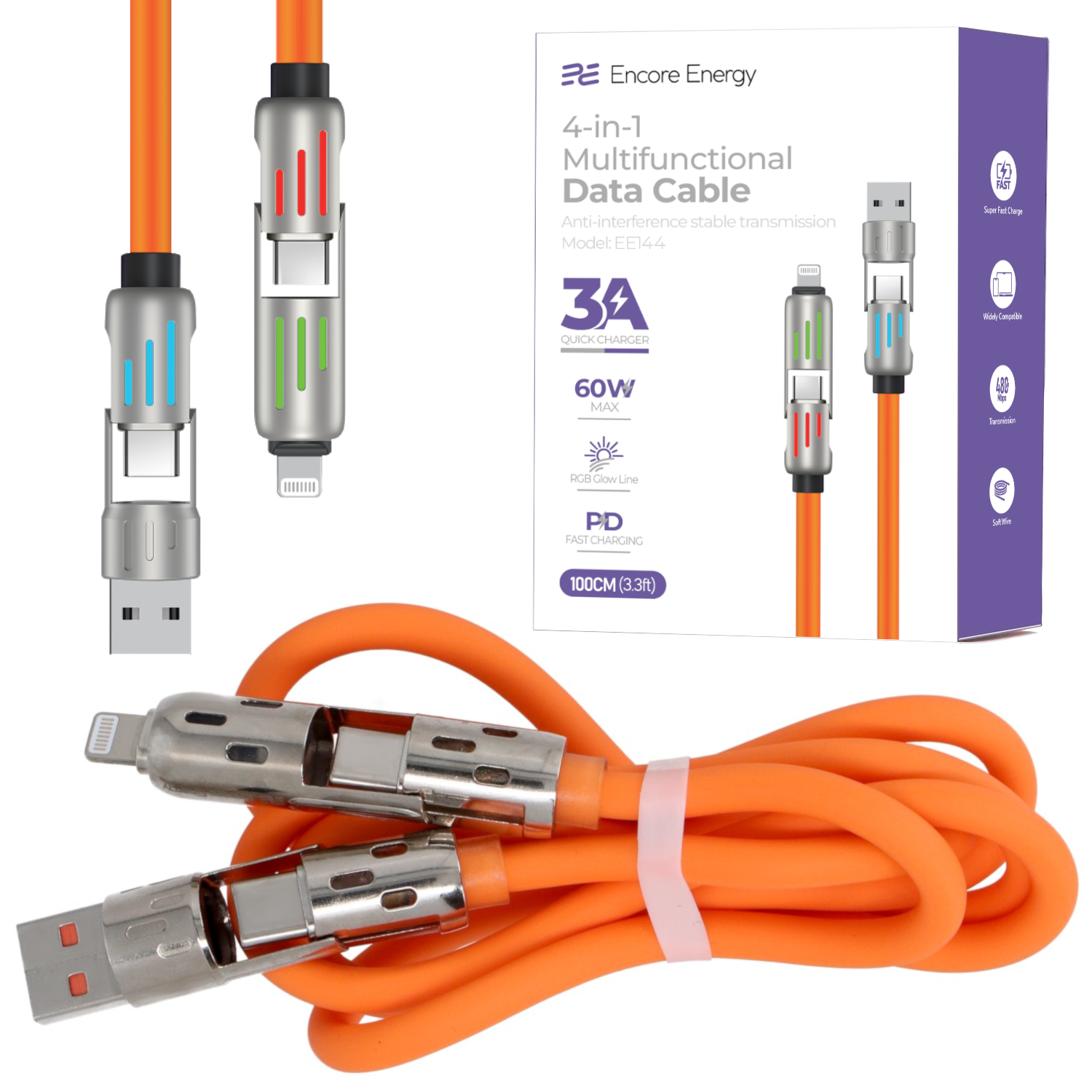 Pomarańczowy kabel danych 4 w 1 z złączami USB-A, USB-C, Lightning i Micro-USB.