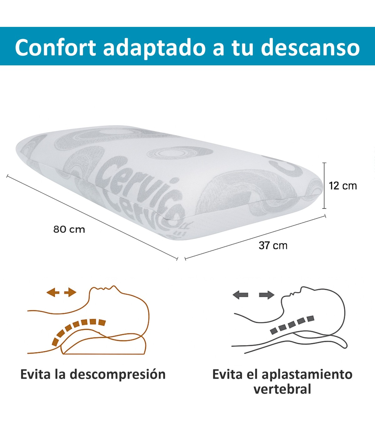 Almohada blanca con patrón gris, 80x37x12 cm, mostrando correcciones posturales.