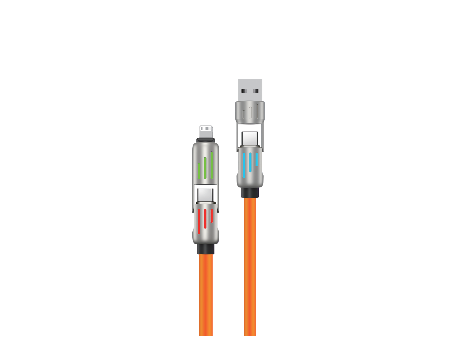 Dwa pomarańczowe kable USB ze srebrnymi złączami, jeden Lightning i jeden USB-C.
